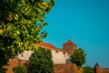Southern part of Wawel castle in Krakow city, rising up from the green grass up towards the blue sky.. Wide panorama of famous Royalty Free Stock Photo