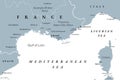 Southern France coastline on the Mediterranean Sea, gray political map