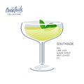 Southside mint leaves cocktail glass lime drink illustration Royalty Free Stock Photo