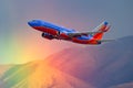 Southwest Airlines Boeing 737 airliner flying past a rainbow as it departs McCarran International Airport in Las Vegas