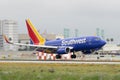 Southwest Airlines jet landing at LAX Royalty Free Stock Photo