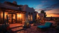 A Southwestern pueblo-style house with turquoise accents and a vibrant sunset. Royalty Free Stock Photo