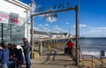 Southwold`s iconic pier and pier sign in Southwold, Suffolk, UK