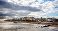 Southwold seafront and lighthouse with dramtaic sky in Southwold, Suffolk, UK