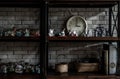 Souvenir and collectible objects from different cities of the world on books shelf in loft style home