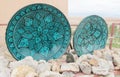 Souvenir green ancient plate and crystal minerals Royalty Free Stock Photo