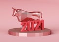 Souvenir of a low poly Red Metallic Bull on a stand with the number 2021, a symbol of the new year