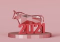 Souvenir of a low poly Red Metallic Bull on a stand with the number 2021, a symbol of the new year