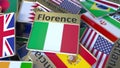 Souvenir magnet or badge with Florence text and national flag among different ones. Traveling to Italy conceptual 3D