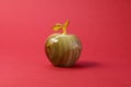 Souvenir from onyx or marble miniature apple figure with golden branch and leaf on red background