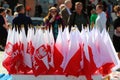 Souvenir Polish flags at a street market in Old Town of Warsaw on the 1st of May, The International Workers Day Royalty Free Stock Photo