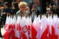 Souvenir Polish flags at a street market in Old Town of Warsaw on the 1st of May, The International Workers Day Royalty Free Stock Photo