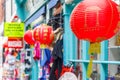 A souvenir shop decorated with red lanterns in London Chinatown Royalty Free Stock Photo