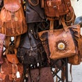 Souvenir shop with leather handbags in Tarragona, Catalunya, Spain. Close-up.