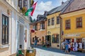 Souvenir shops and shopping people downtown medieval city Eger, Hungary