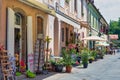 Souvenir shops and shopping people downtown medieval city Eger, Hungary