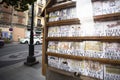 Souvenir showcase with traditional tile street signs in Madrid, Spain sight of the city 2018-08-07