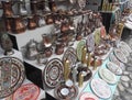 Souvenir stand, traditional handcrafted cooper coffee pots