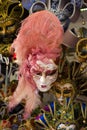 Venetian mask with pink feathers close-up