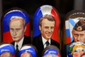 Souvenirs-matryoshka dolls depicting Russian President Vladimir Putin and French President Emmanuel Macron