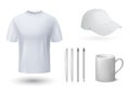 Souvenirs mockup. Realistic t-shirt and cap, mug and pens. 3D blank templates for brand identity. Stationary, clothing