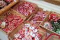 Souvenirs on stall with decorations for winter holidays at traditional annual Christmas market in Zagreb