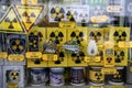 Souvenirs with a symbol of radiation danger in souvenir shop on enter to Chornobyl exclusion zone. Ukraine, 25-12-2019