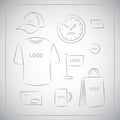 Souvenirs templates set. Promotional branding gifts empty elements. Linear drawing by hands on white