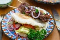 Souvlaki or kebab, grilled meat skewer and pita bread Royalty Free Stock Photo