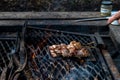 Souvlakia cooked at a campsite fireplace Royalty Free Stock Photo