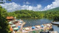 Sovata, Romania - August 5, 2018: Mountain resort with heliothermal Lake Ursu on Sovata, Transylvania, Romania.