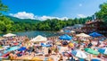 Sovata, Romania - August 5, 2018: Mountain resort with heliothermal Lake Ursu on Sovata, Transylvania, Romania.