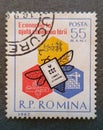 SOVATA, ROMANIA - Jul 02, 2020: Old postage stamp from Romania circa 1962 shows reclama CEC Royalty Free Stock Photo