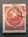 SOVATA, ROMANIA - Jul 02, 2020: old Romanian stamp from 1952 with the coat of arms of the Romanian People\'s Republic