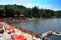 SOVATA, ROMANIA - Jul 19, 2018: tourists bathing in Lake Ursu in Sovata resort