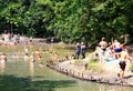 SOVATA, ROMANIA - Jul 19, 2018: tourists bathing in Lake Ursu in Sovata resort