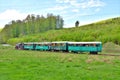 SOVATA, ROMANIA - Sep 19, 2019: The narrow gauge train with tourists from Sovata resort - Romania