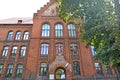 SOVETSK, RUSSIA. Fragment of the facade of the building of the gymnasium No. 1 Tilsit Classical Gymnasium, 1900. Kaliningrad