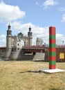 SOVETSK, RUSSIA. Boundary post and bridge of the queen Louise. Kaliningrad region Royalty Free Stock Photo
