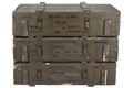 Soviet army ammunition stack of green crates. Text in russian - type of ammunition, projectile caliber, projectile type, number of Royalty Free Stock Photo