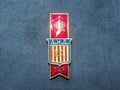 Soviet badge with the inscription in Russian `USA`, from the series `Hockey world Cup 1979`. Faleristics. Royalty Free Stock Photo