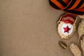 Soviet Bage ÃÂ«GuardÃÂ» and St. George ribbon, dried flowers and bullet on craft background