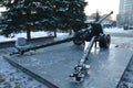 Soviet cannon of the Second World War on a pedestal Korolev MO canal monument to war heroes.