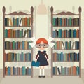 Soviet cartoon schoolgirl in library. Royalty Free Stock Photo