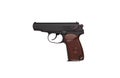 Soviet classic semi-automatic 9mm pistol. Police and military weapons. Black PM pistol with brown grip isolate on white back