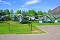 Soviet combat helicopters in the Air Force Museum in Monino. Moscow region, Russia