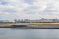 Soviet era housing complexes line up next to newer apartments at the port of Saint Petersburg, Russia