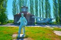 The Soviet Era sculpture of sower and old aircraft in Pereiaslav Scansen, on May 22 in Pereiaslav, Ukraine