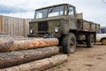 Soviet green truck for transporting timber in Khuzhir Village on Olkhon Island in Lake Baikal, Siberia