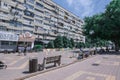 Soviet housing apartment block and shopping street